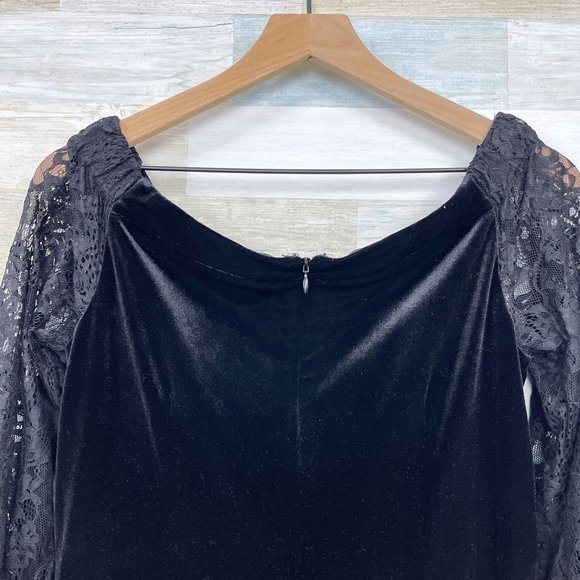 WHBM Off The Shoulder Lace Sleeve Velvet Shift Dress Black Cocktail Womens 6 - Picture 5 of 8